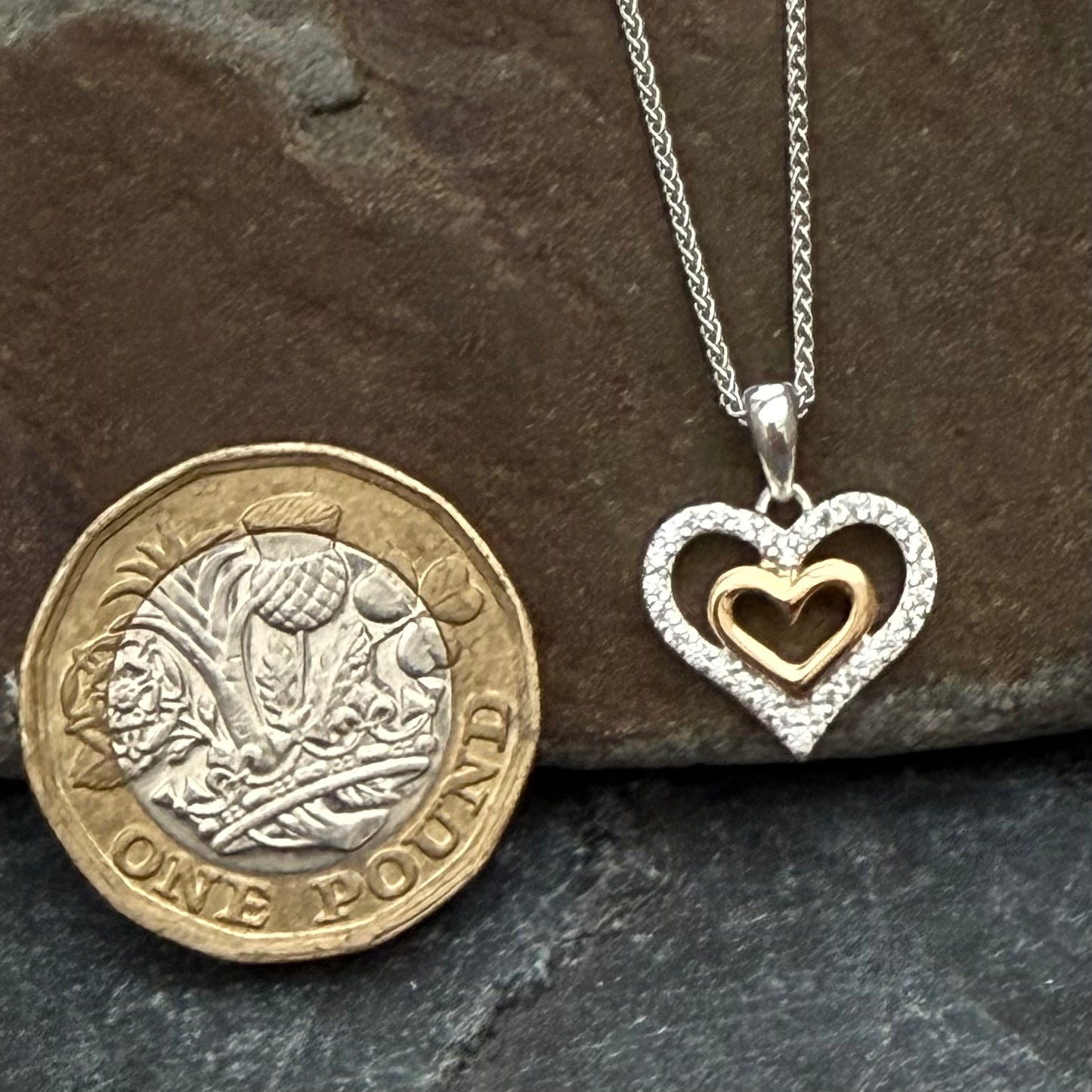 Silver, Gold & Cubic Zirconia Double Heart Necklace - Cotswold Jewellery