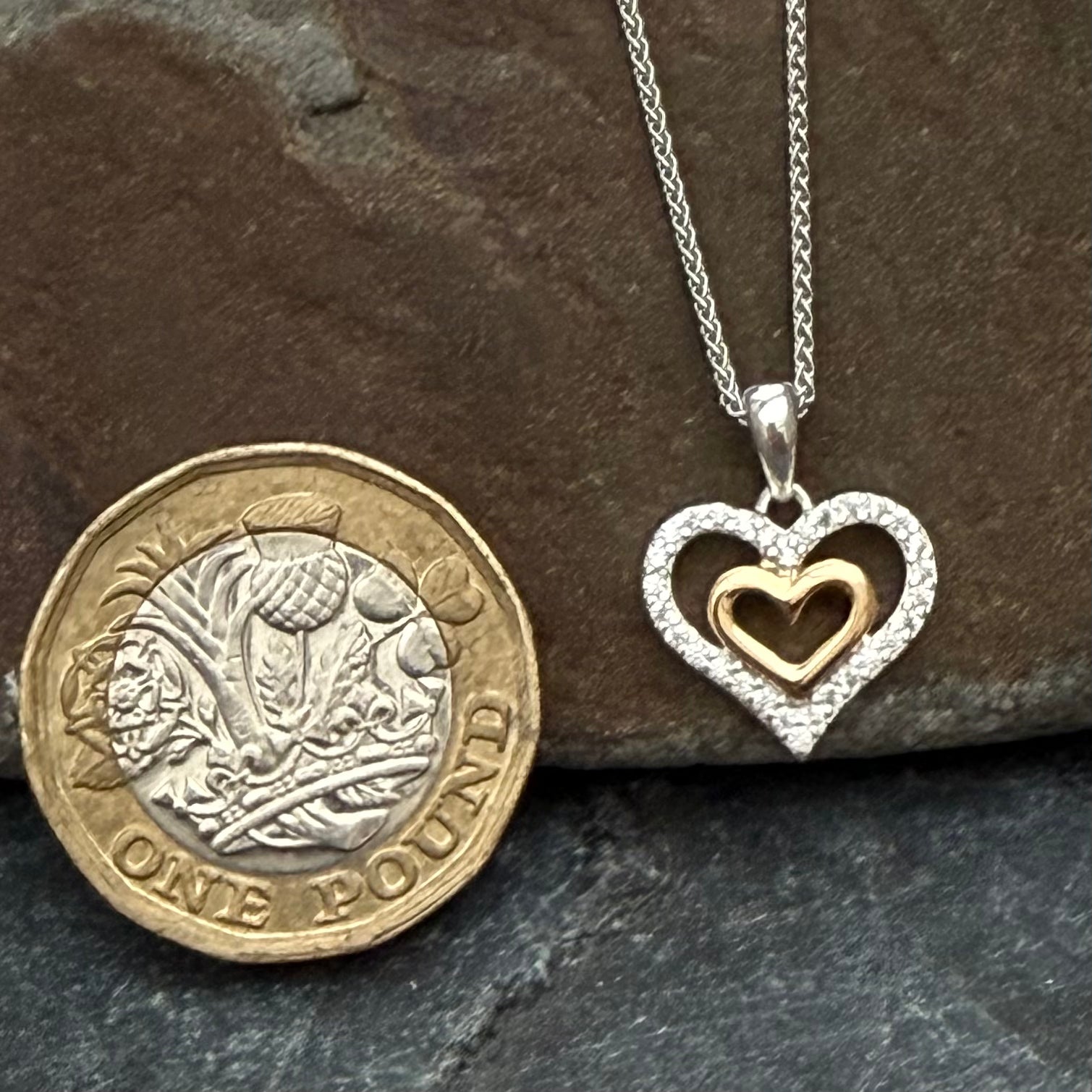 Silver, Gold & Cubic Zirconia Double Heart Necklace - Cotswold Jewellery