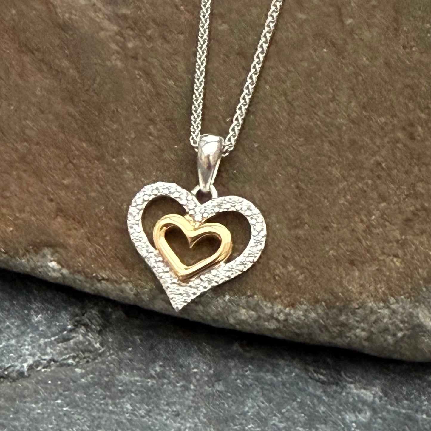 Silver, Gold & Cubic Zirconia Double Heart Necklace - Cotswold Jewellery