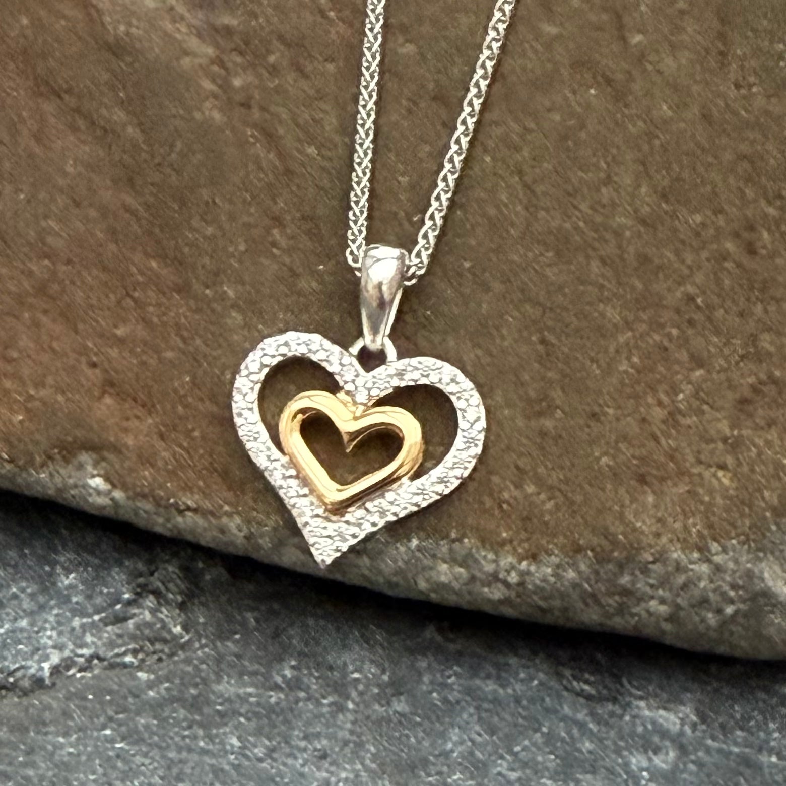 Silver, Gold & Cubic Zirconia Double Heart Necklace - Cotswold Jewellery