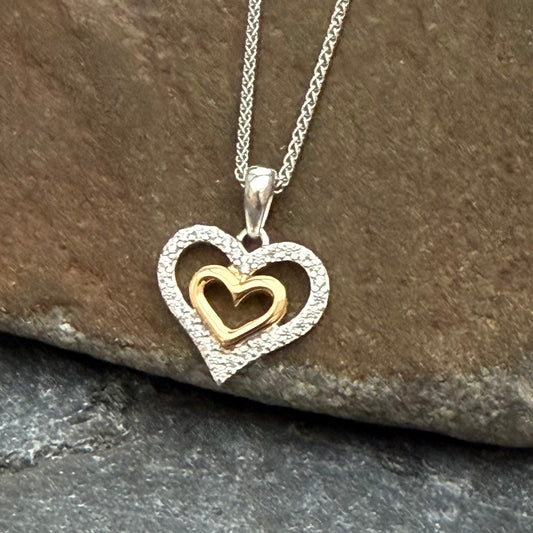 Silver, Gold & Cubic Zirconia Double Heart Necklace - Cotswold Jewellery